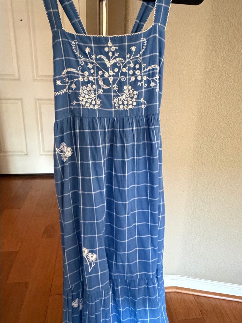Madewell Blue Windowpane Embroidered Sundress